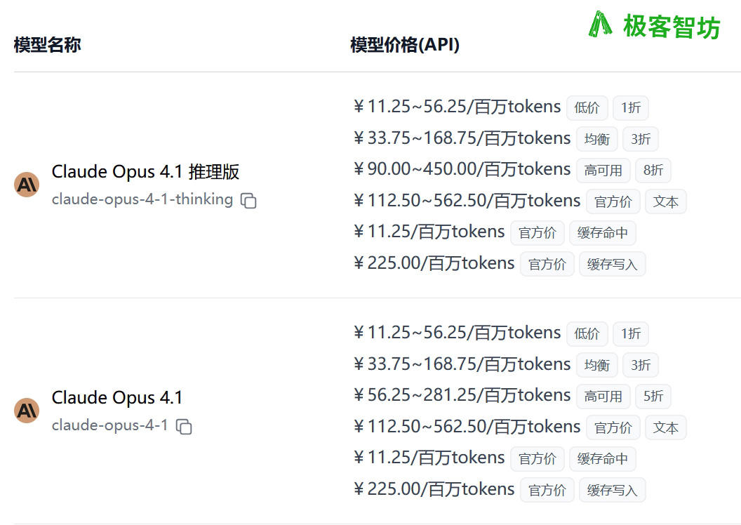 极客智坊支持低价调用 Claude Opus 4.1 API