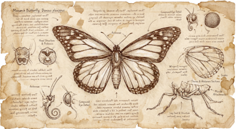 AI 生成的达·芬奇风格君主蝶解剖素描